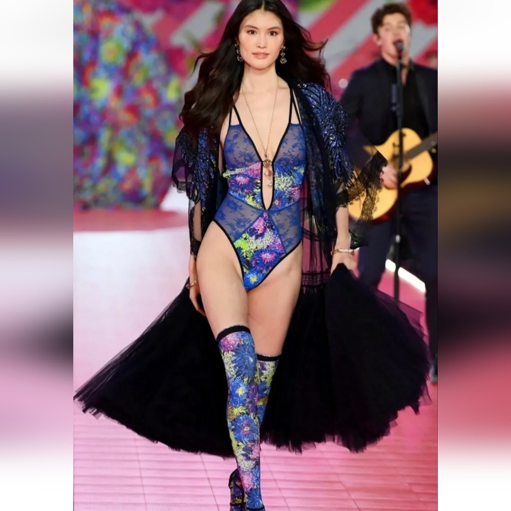 VICTORIA x MARY KATRANTZOU Plunge Bodysuit Teddy Floral BLUE Lingerie Medium - Picture 4 of 10
